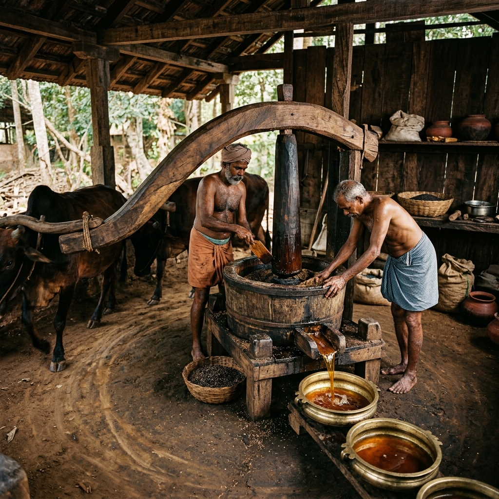 Traditional Kerala oil press manufacturing